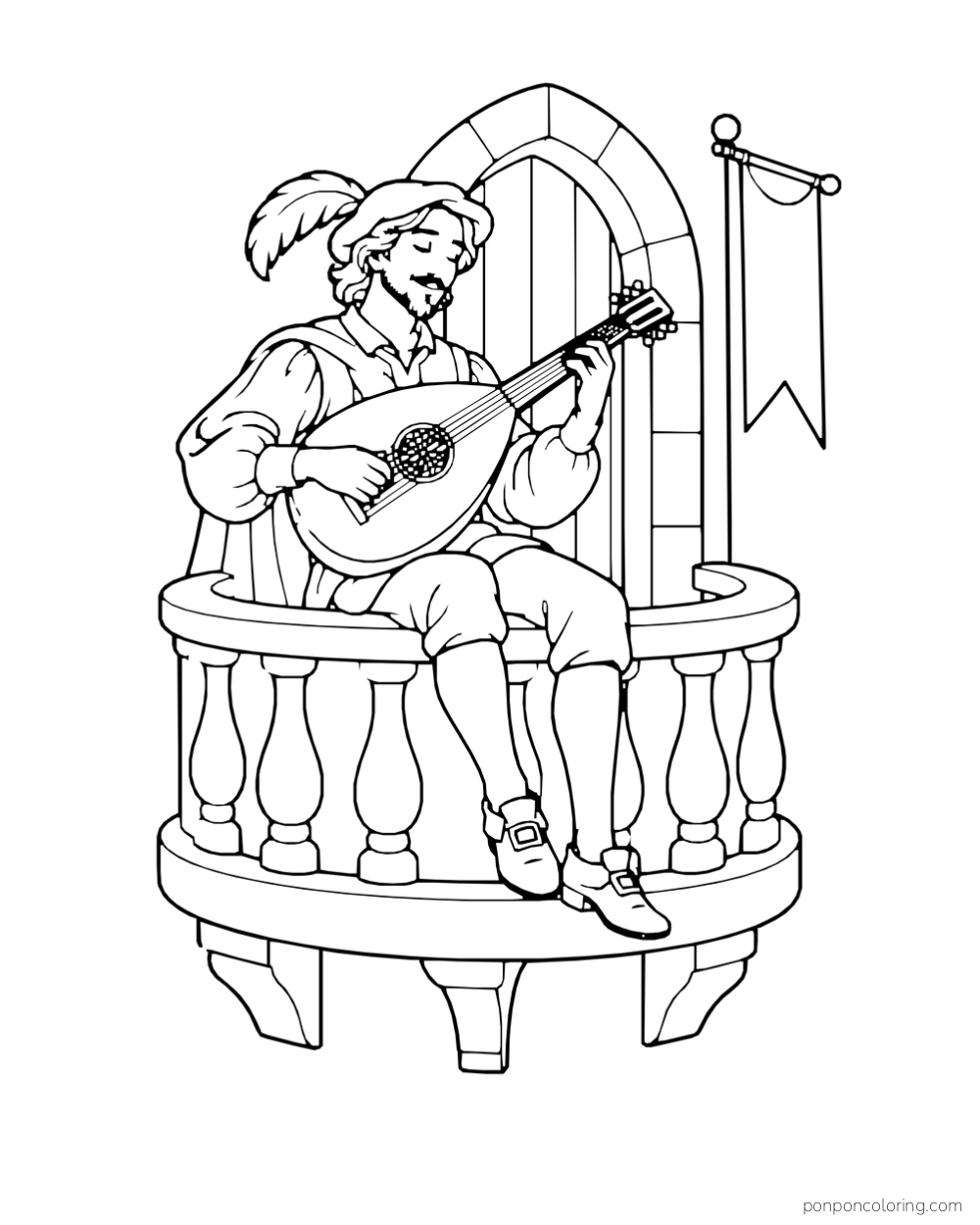 A seated musician playing a lute on a rounded castle balcony beside a doorway and hanging banner.