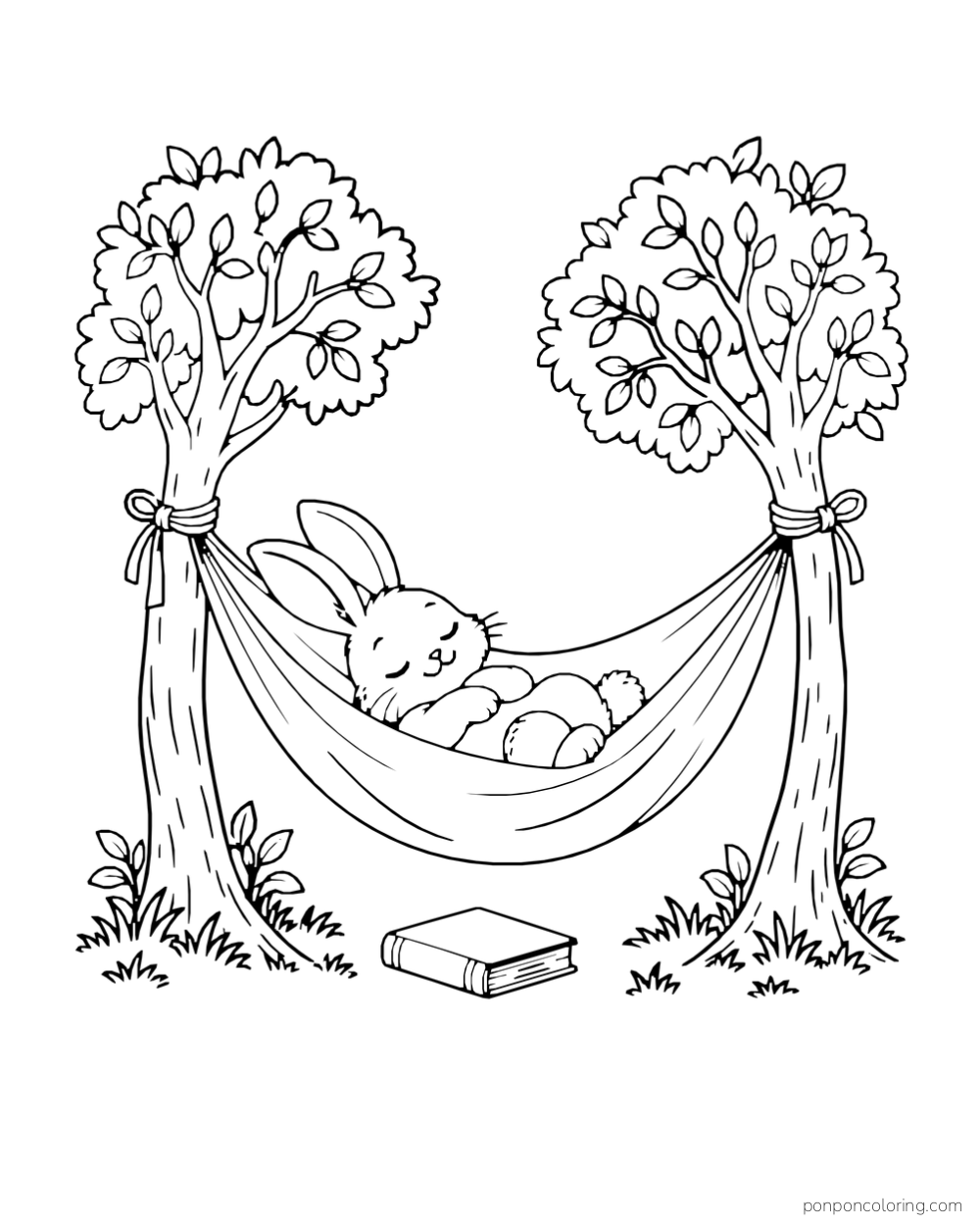 A rabbit sleeps in a hammock tied between two short trees.