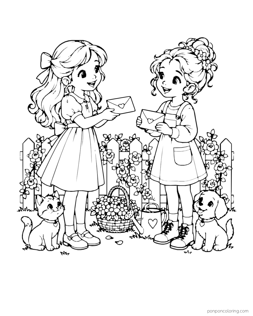 Two girls exchange heart-sealed envelopes beside a flower-covered fence, with a cat and dog nearby.