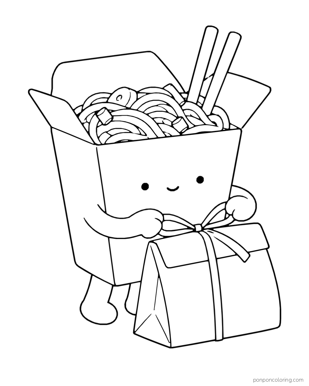 A noodle takeout box ties a ribbon around a paper gift bag.
