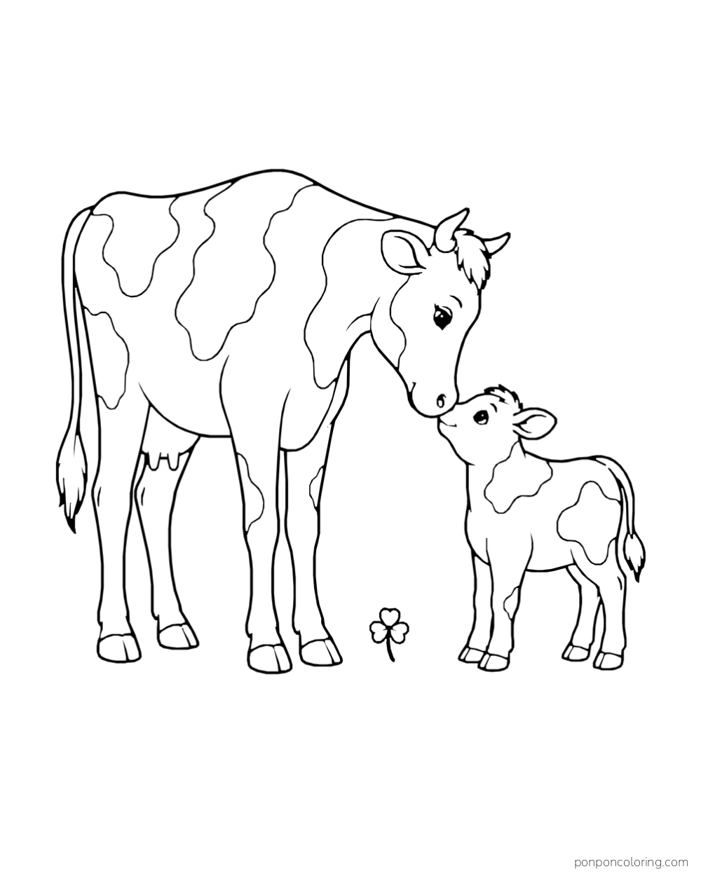 A mother cow and a calf touch noses beside a small flower.