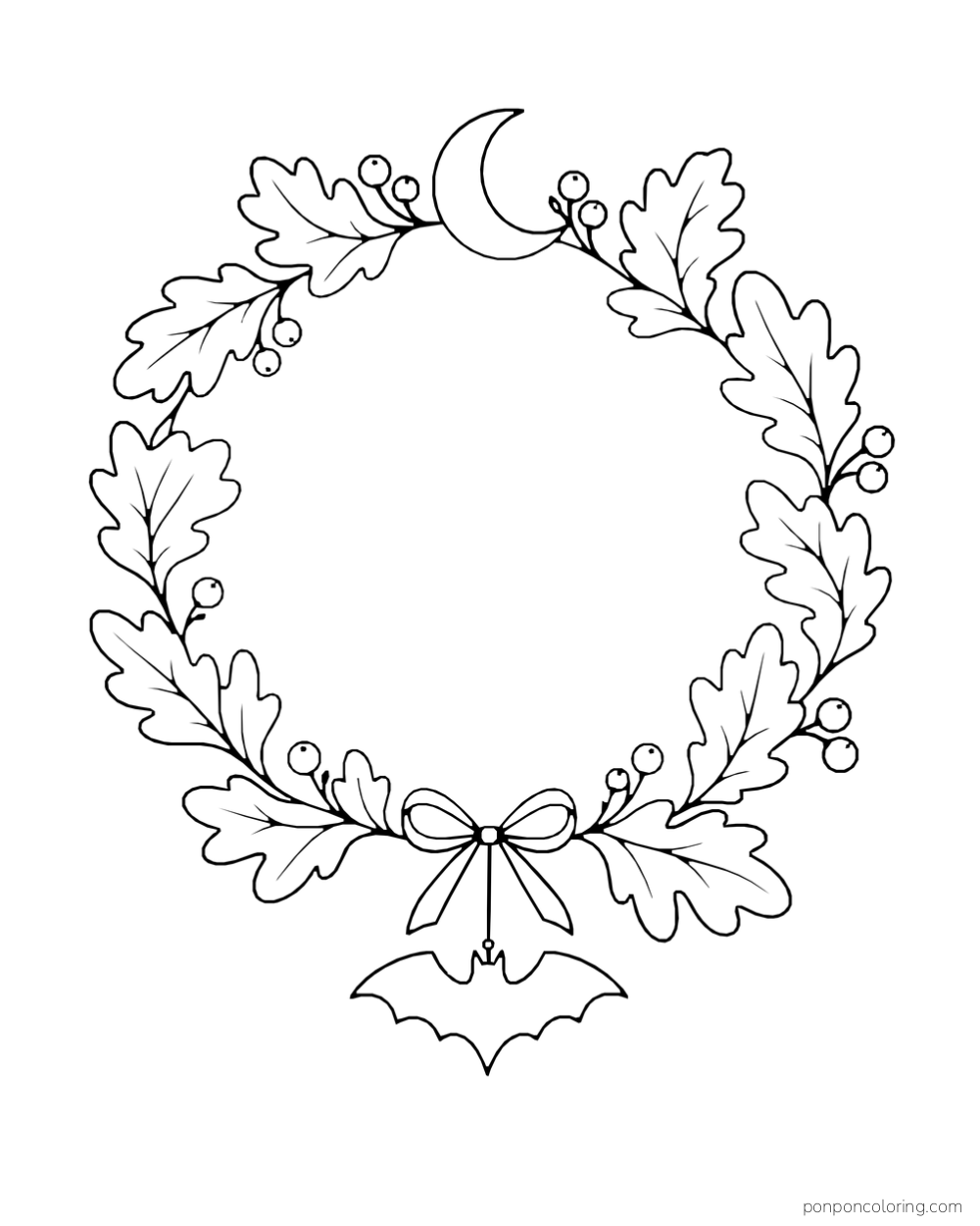 An airy ring of oak leaves and berries carries a crescent moon above and a paper bat below a bow.