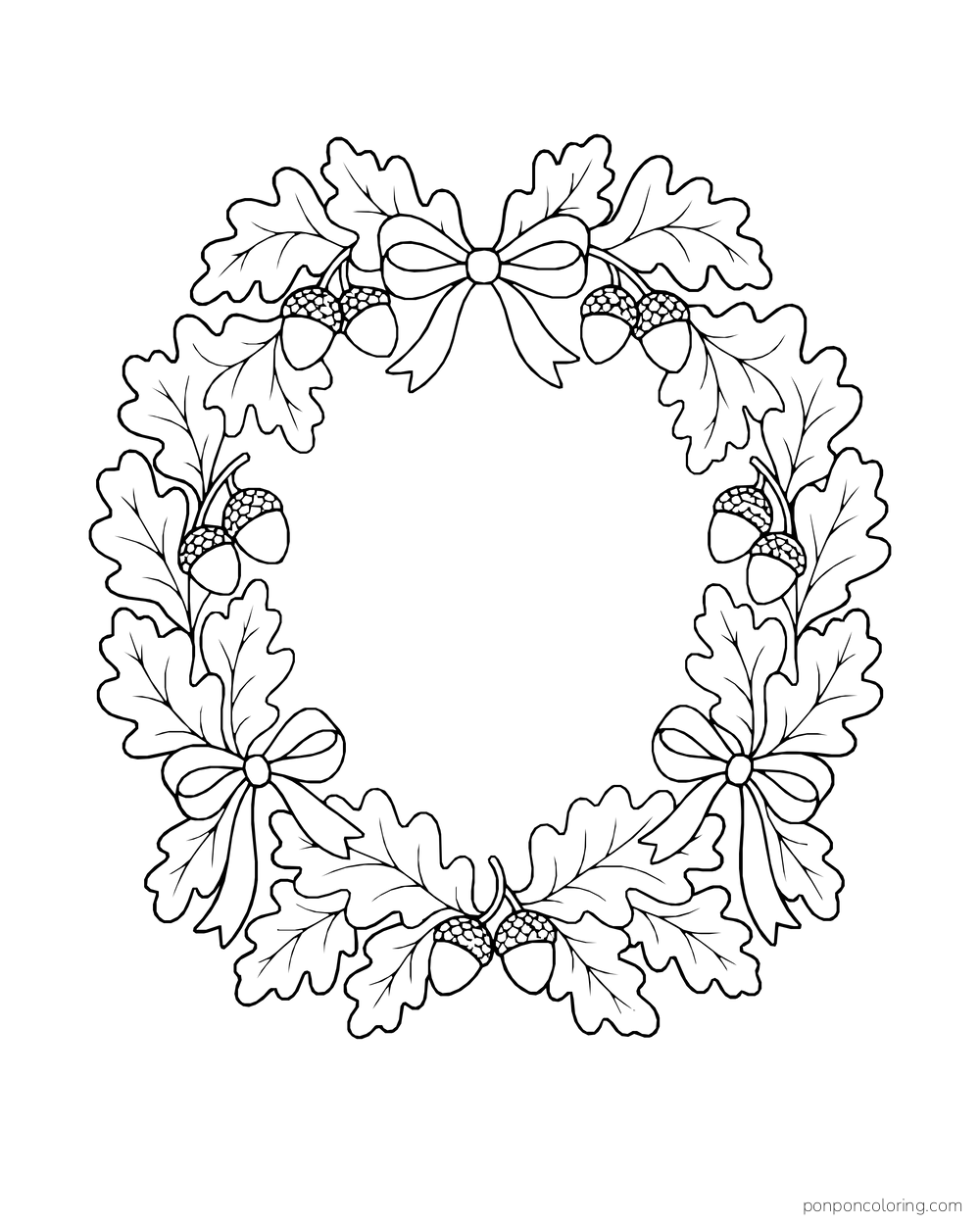 A wreath of oak leaves, acorns and bows surrounds an open center.