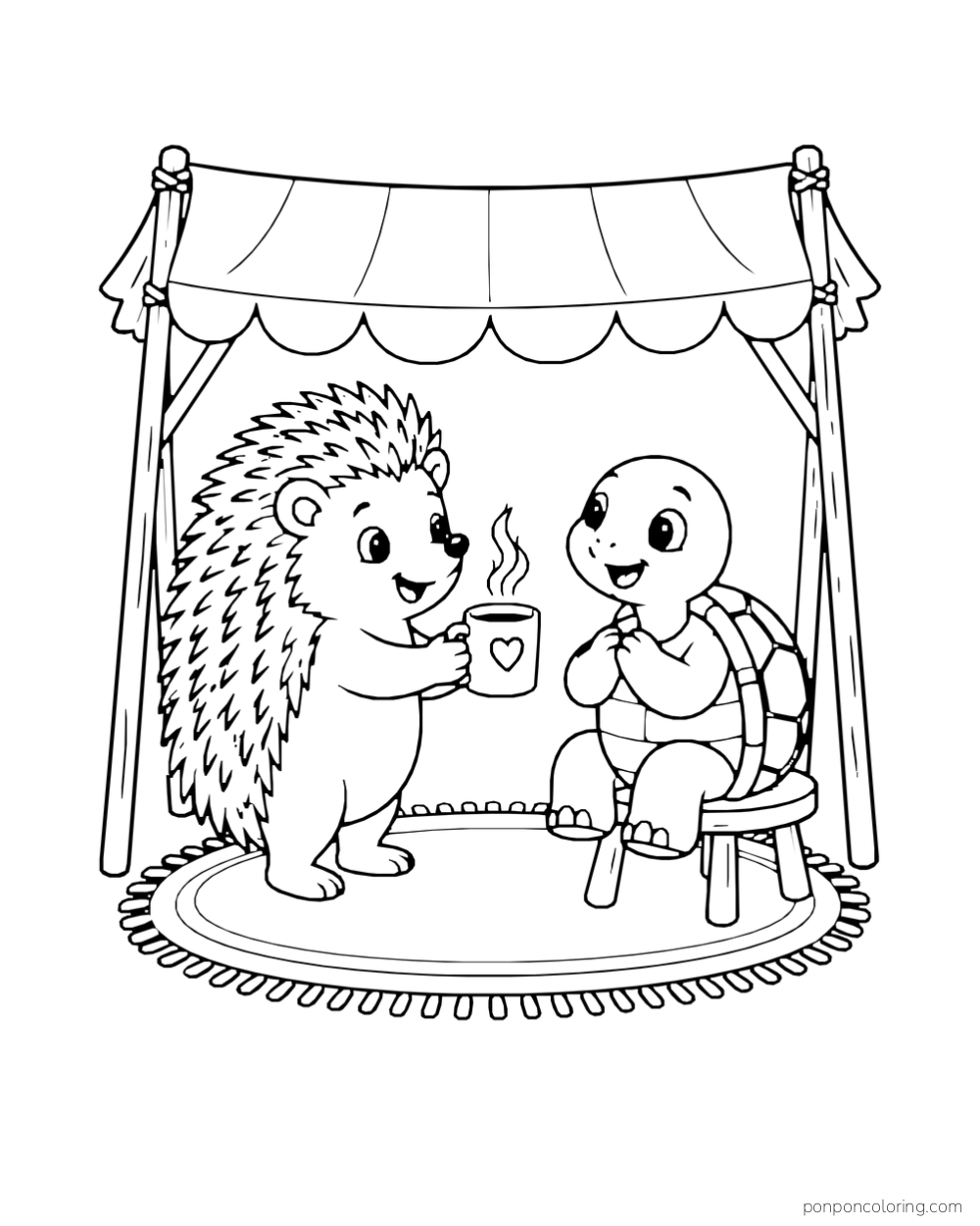 A hedgehog offers a steaming cup to a turtle seated beneath a canvas awning.