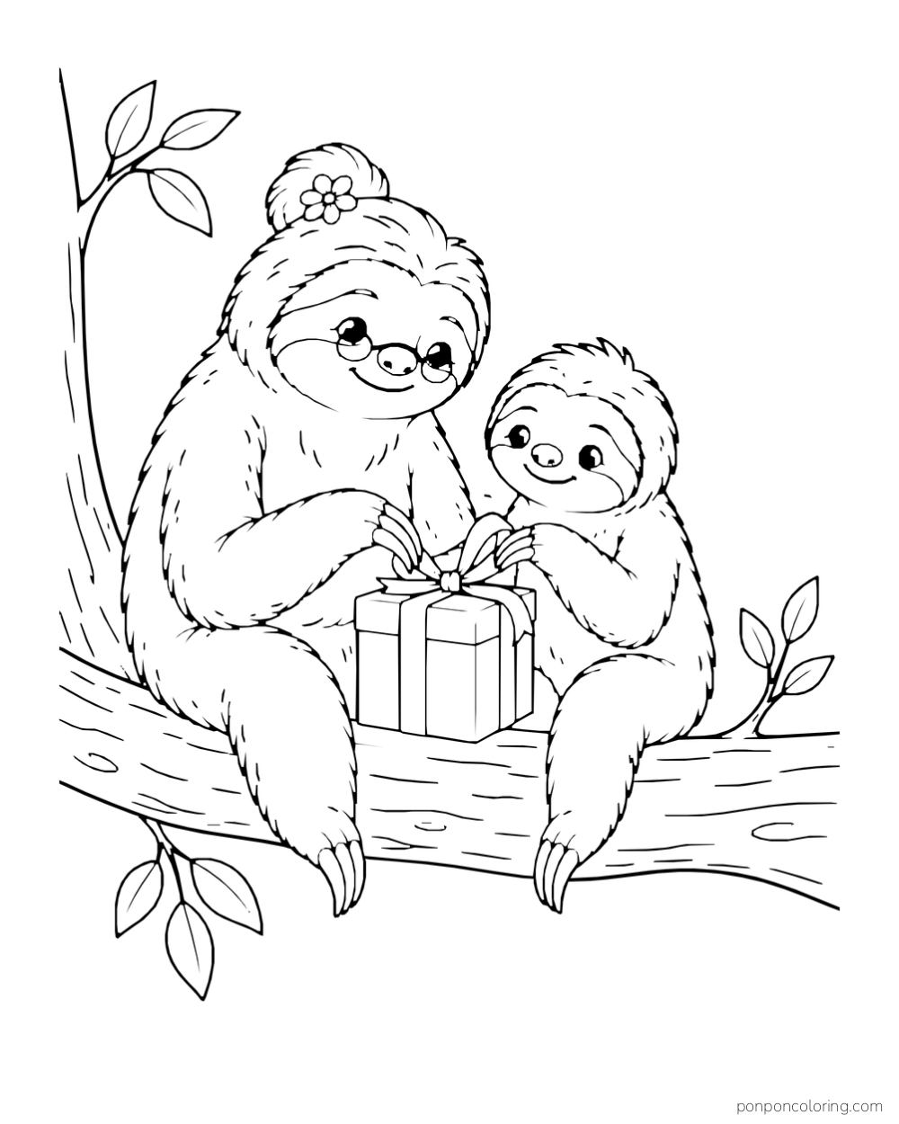 Older and younger sloths seated together tying a ribbon on a small gift box.