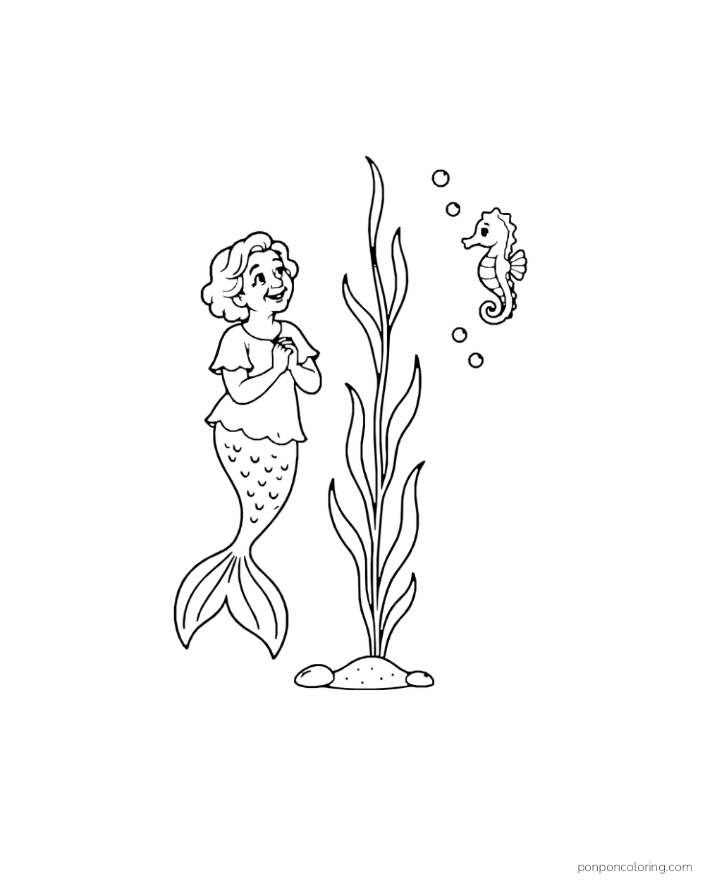 An older mermaid with a wavy bob smiles at a small seahorse across a tall sea reed growing from a sand mound.