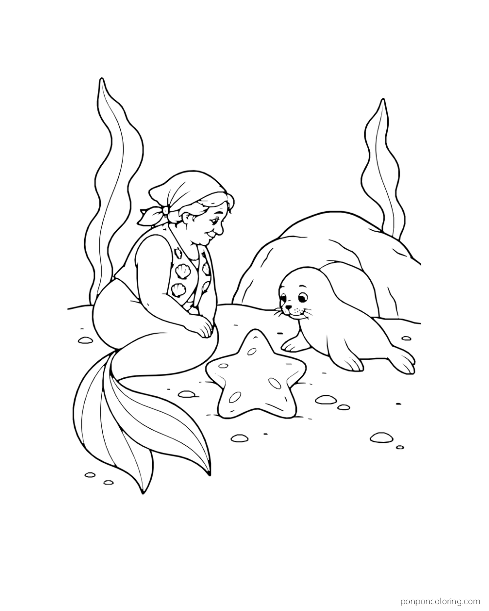 An older mermaid in a headscarf and a seal pup look toward a large star-shaped stone between them, with kelp and a low rock behind.