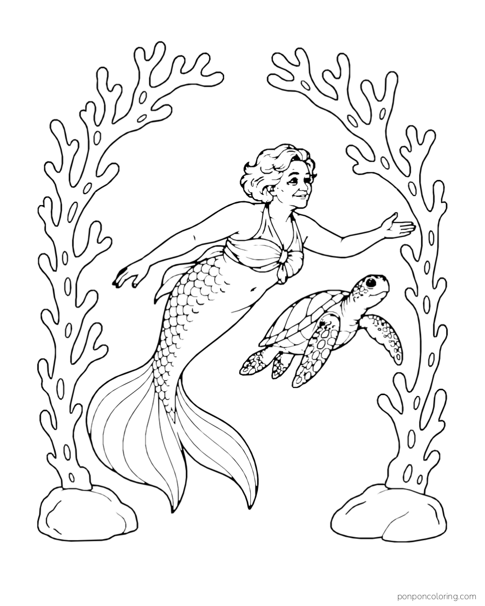 An older mermaid swims beside a small sea turtle between two tall coral branches rooted in separate rocks.