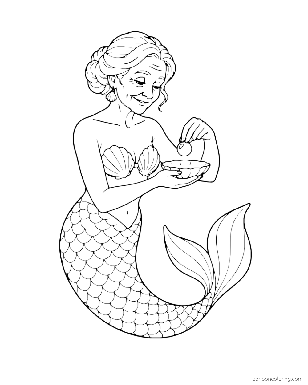 An older mermaid sets a round pearl into a shallow dish beside her.