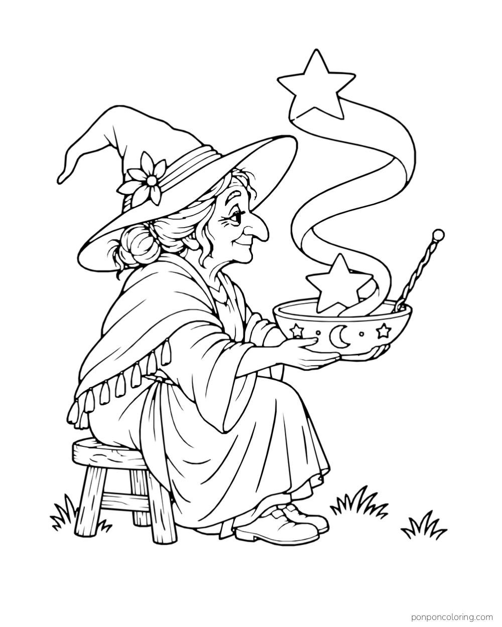 An older witch sits on a stool holding a shallow bowl while a broad ribbon guides two stars toward it.