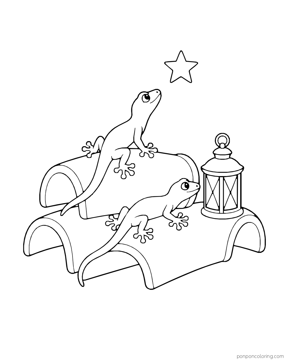 Two geckos rest on overlapping curved roof tiles beside a lantern beneath one star.