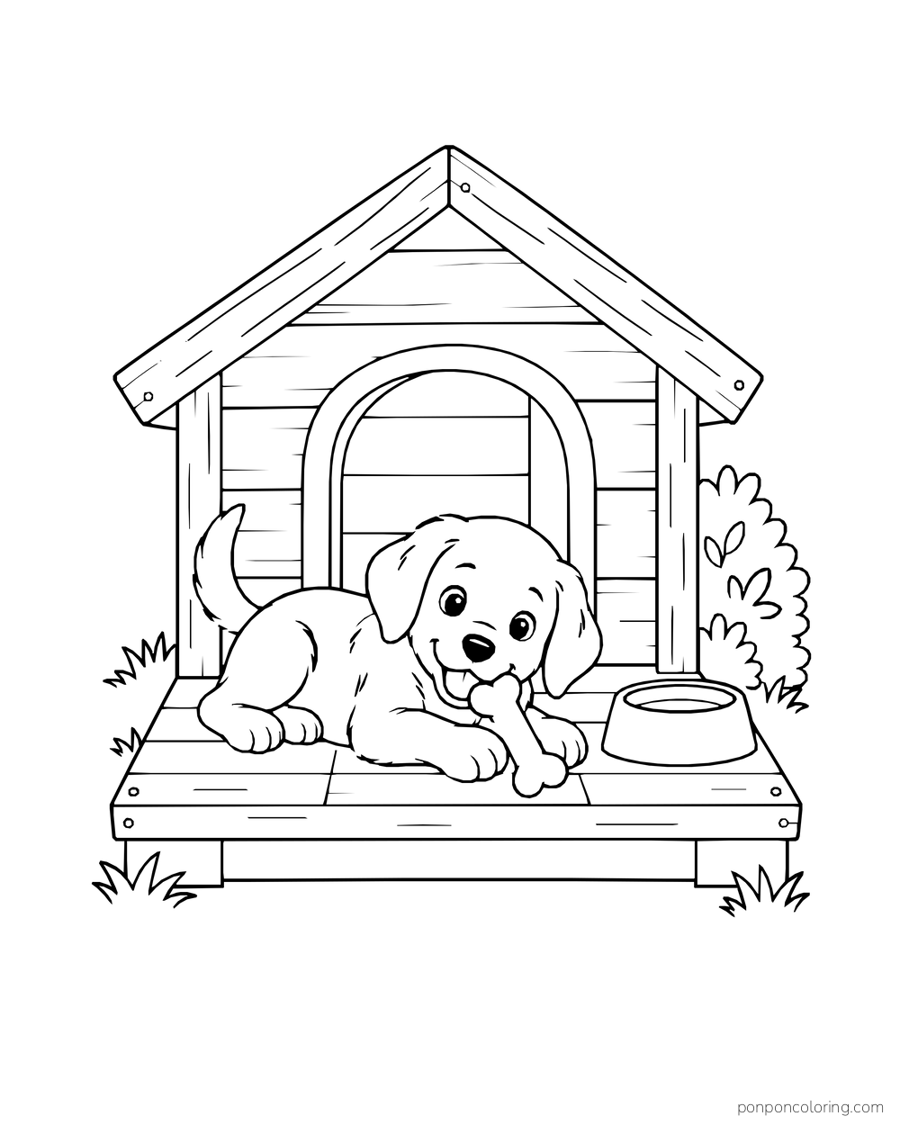 A puppy lounges on a wooden doghouse porch beside a bowl and shrub.