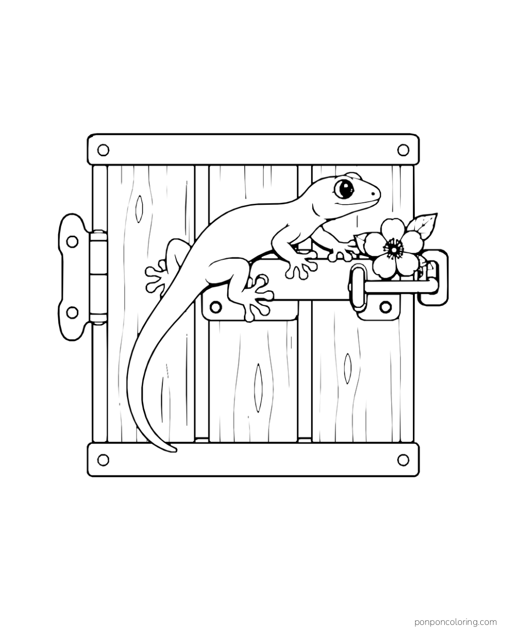 A gecko rests across the metal latch of a short three-slat garden gate panel beside one flower.