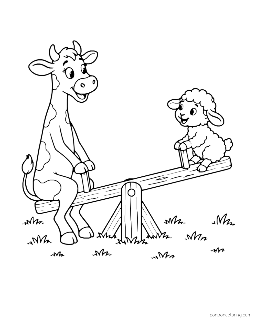 A cow and a lamb sit at opposite ends of a wooden seesaw.
