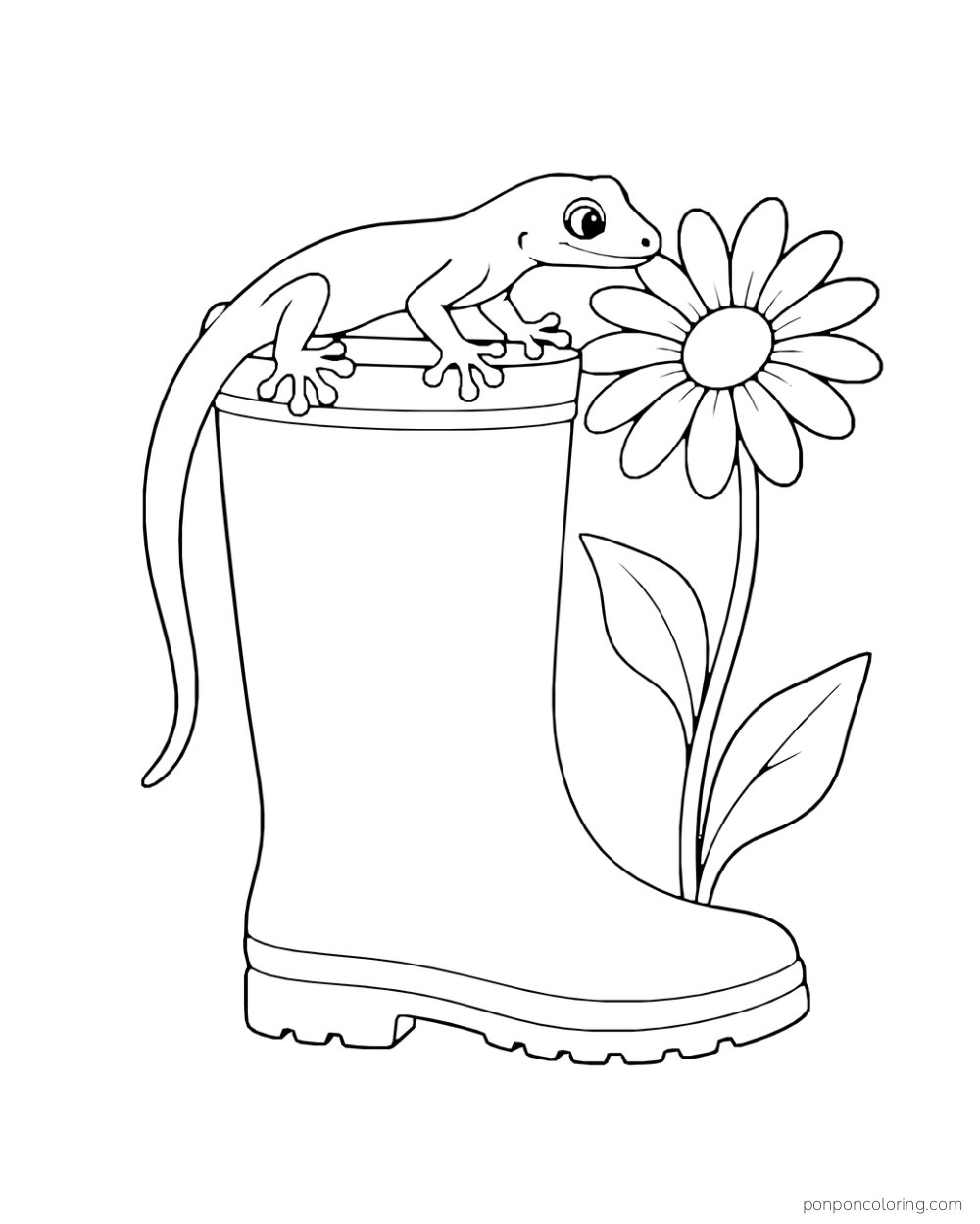 A gecko rests across the top of a tall garden boot beside a large daisy.
