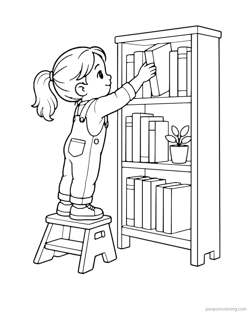 A child standing on a step stool to take a book from a three-shelf bookcase with a potted plant.