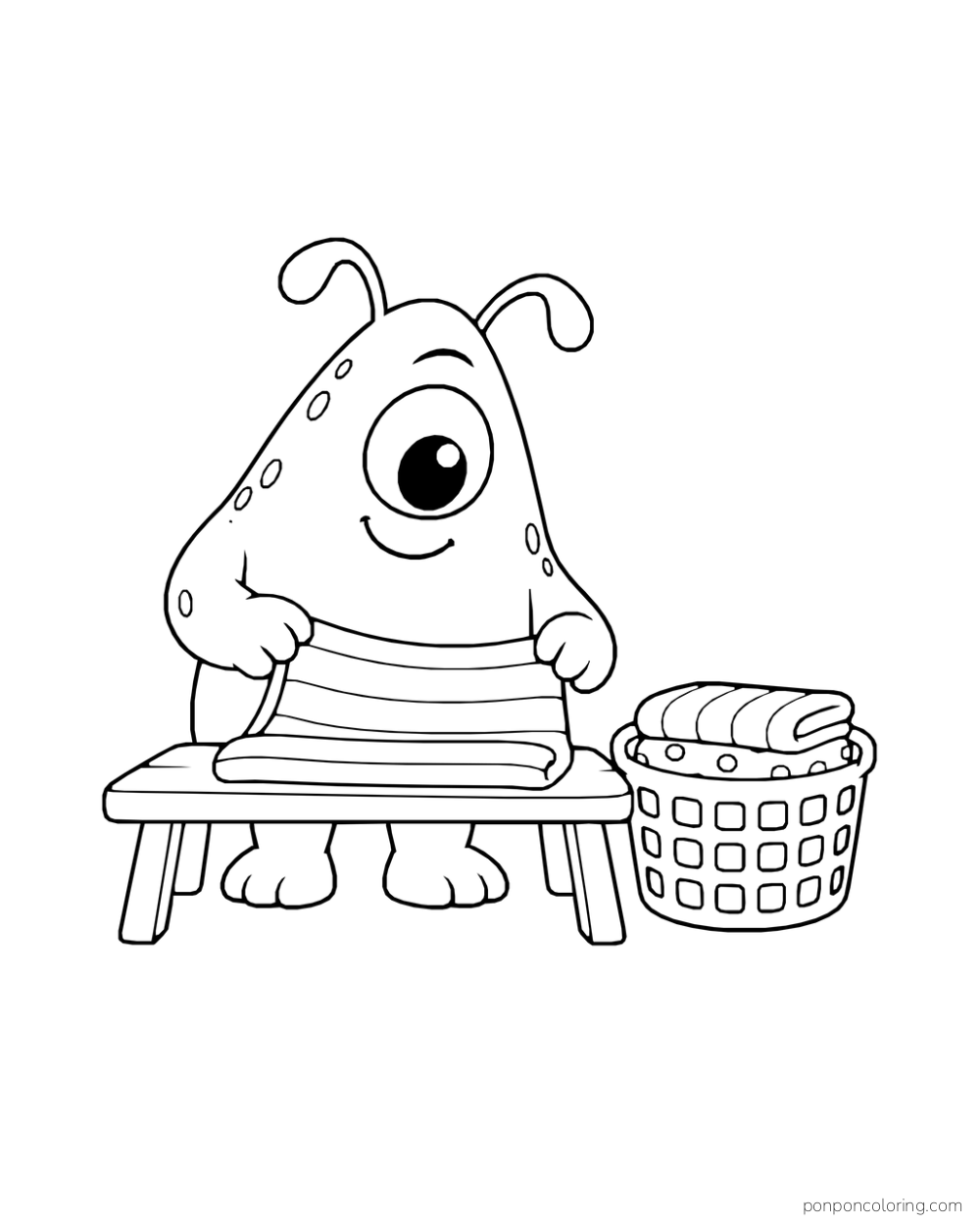Short one-eyed monster folding a striped towel on a bench beside a laundry basket.