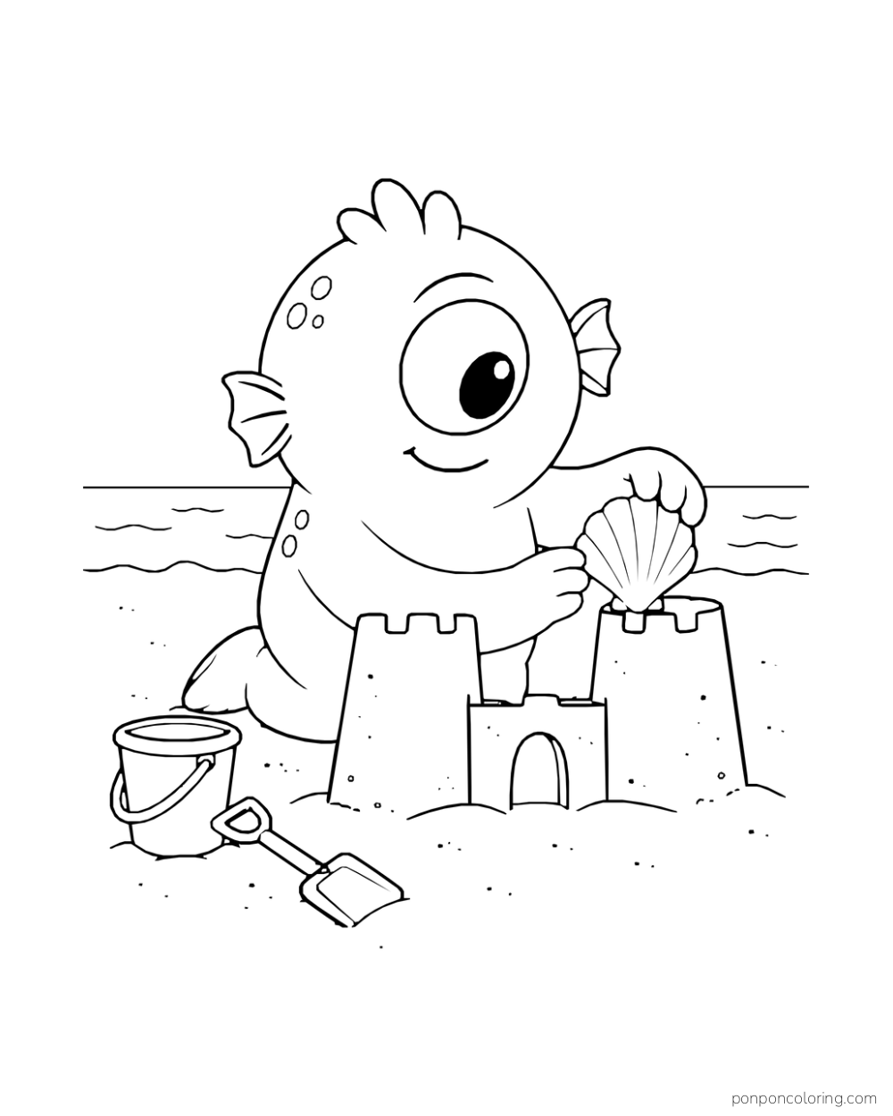 One-eyed fin-eared monster placing a shell on a two-tower sandcastle beside a bucket and spade.