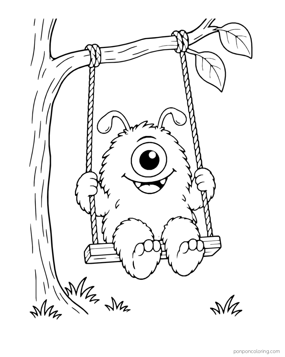 Fluffy one-eyed monster seated on a rope swing beneath a branch.