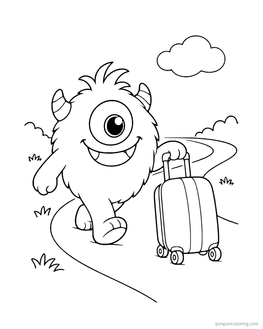 Small one-eyed monster pulling a striped wheeled suitcase along a winding path.