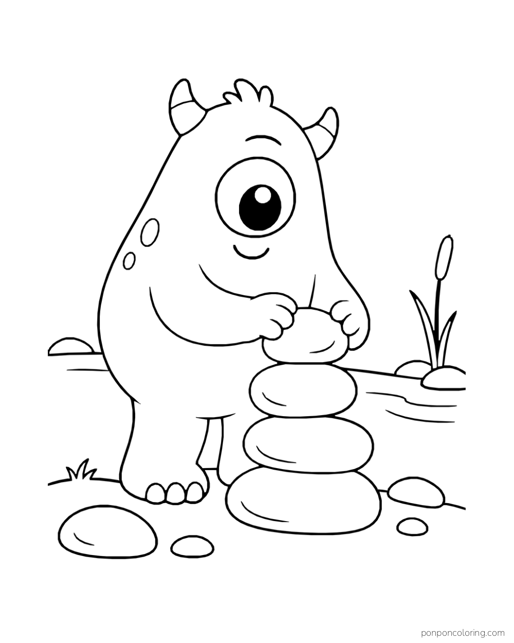 One-eyed monster balancing smooth stones into a tower beside a stream.