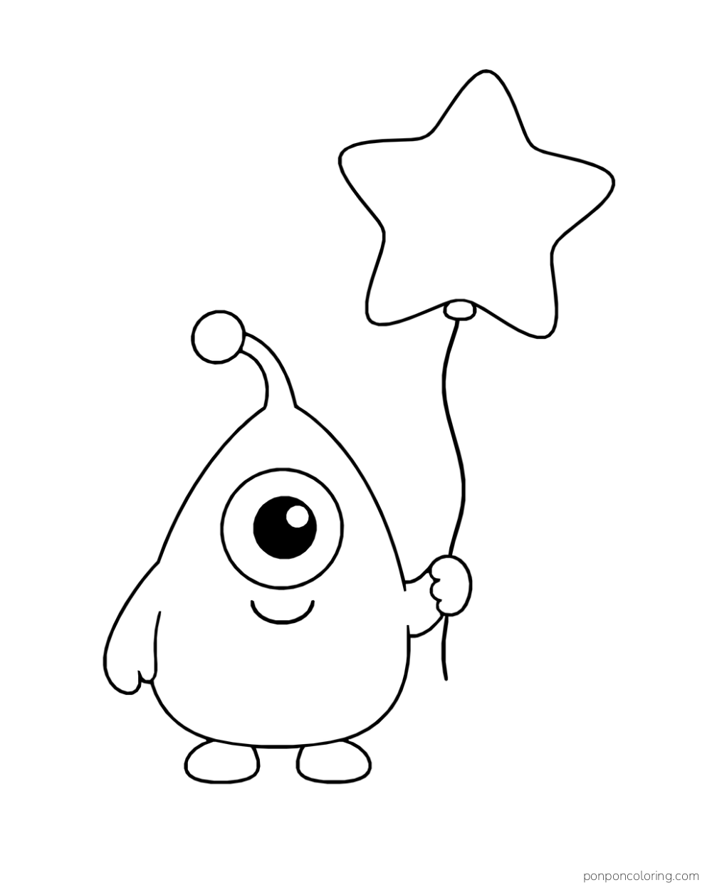Small one-eyed monster holding a string tied to a star-shaped balloon.