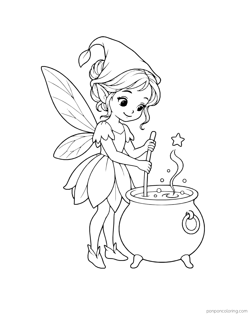 Fairy stirring a rounded cauldron as a star-shaped sparkle rises.