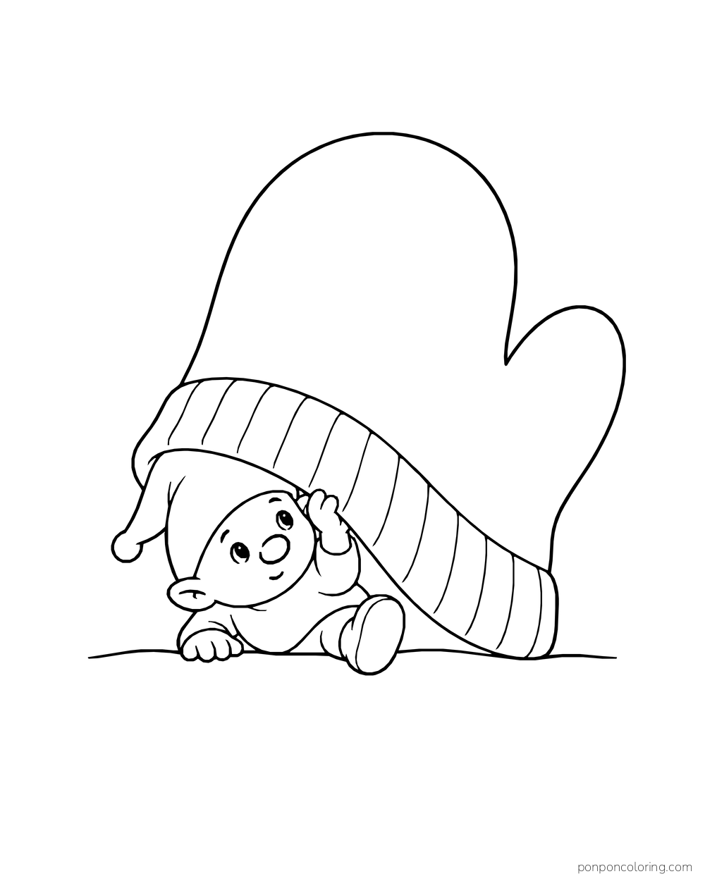 Tiny gnome peeking from beneath a giant mitten propped up like a little shelter.