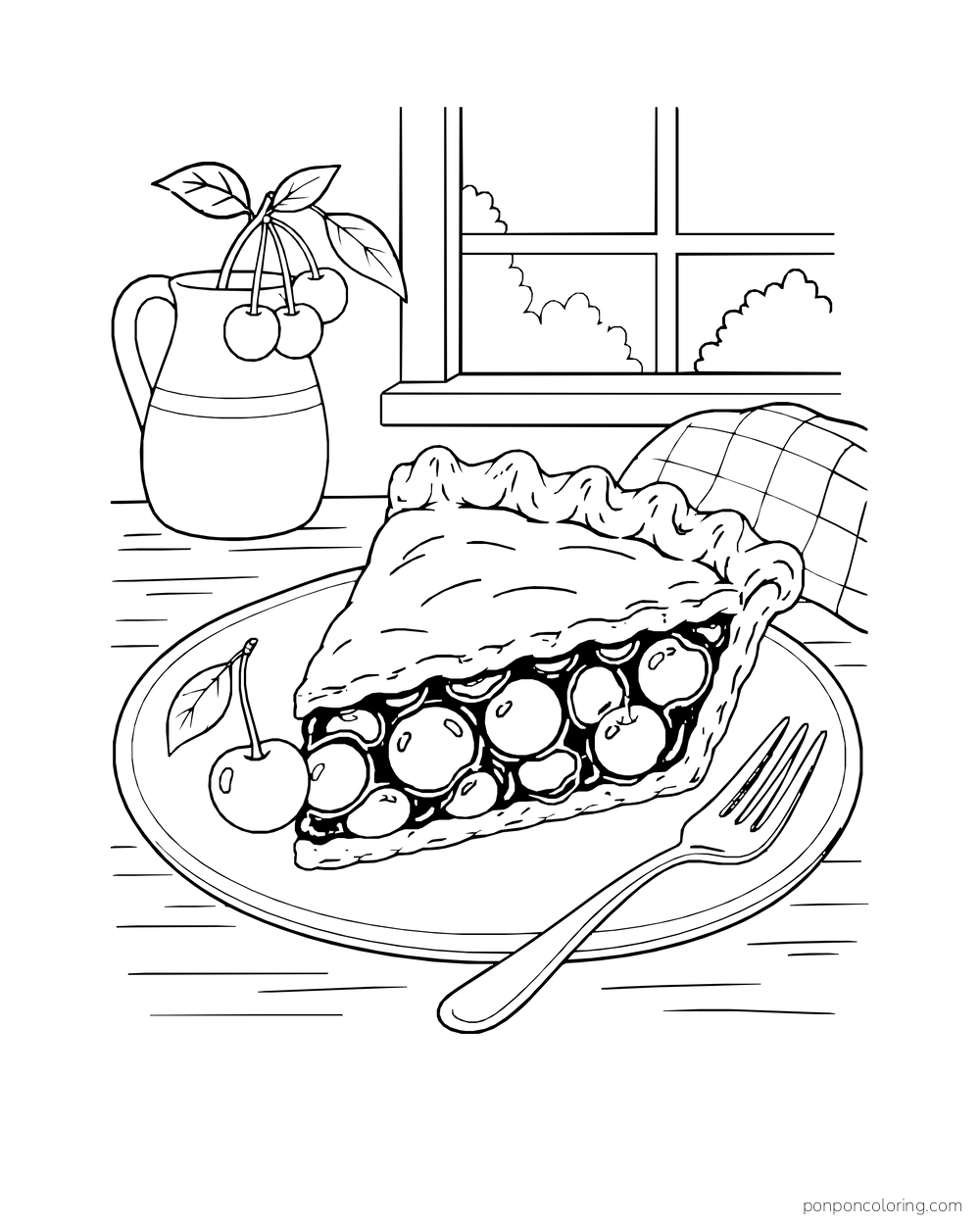 A slice of cherry pie sits on a plate beside a fork, with round fruit visible beneath the crust.