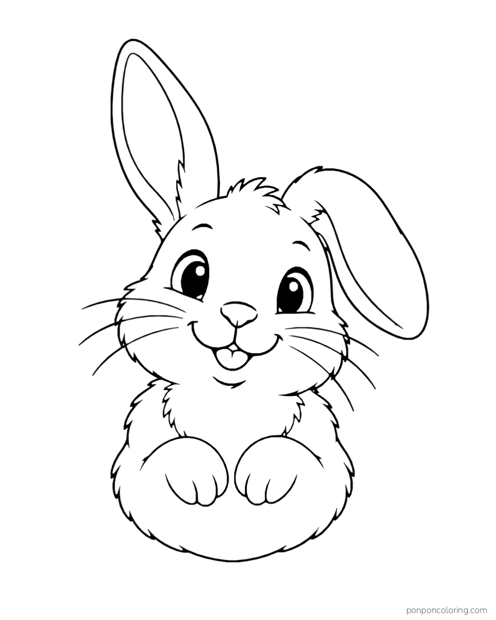 A close portrait of a rabbit with one upright ear, one drooping ear, and front paws visible.