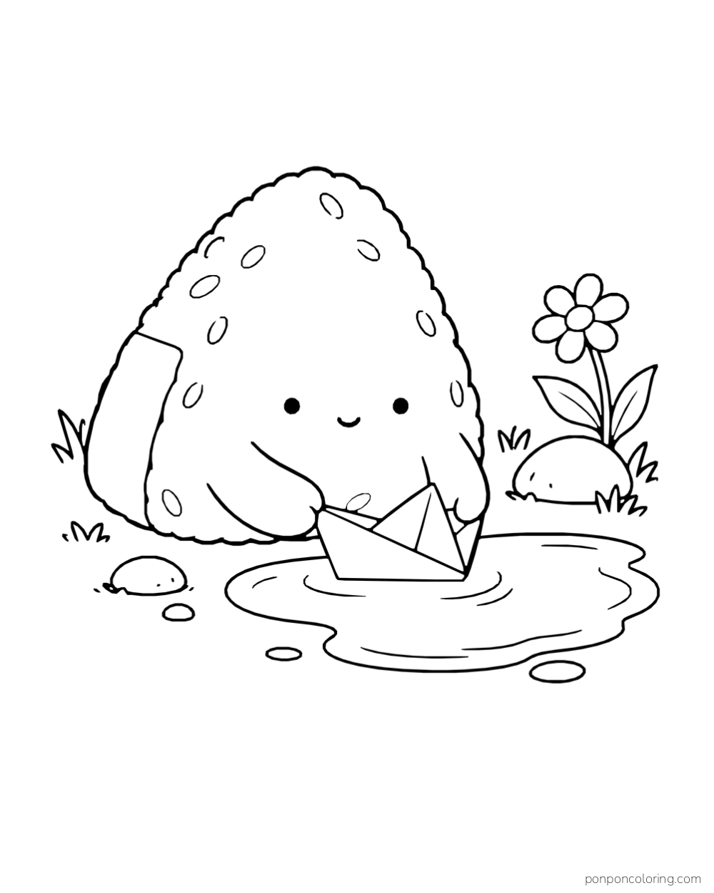 A triangular rice ball touches a paper boat in a puddle beside a flower and rocks.