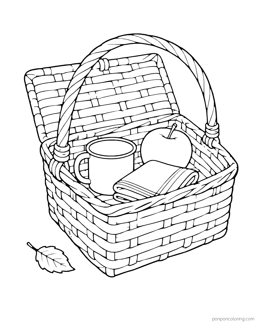 An open basket holds a cup, an apple, and a folded napkin.
