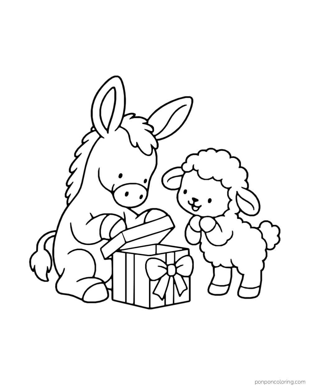 A donkey lifts the lid of a gift box while a lamb watches.