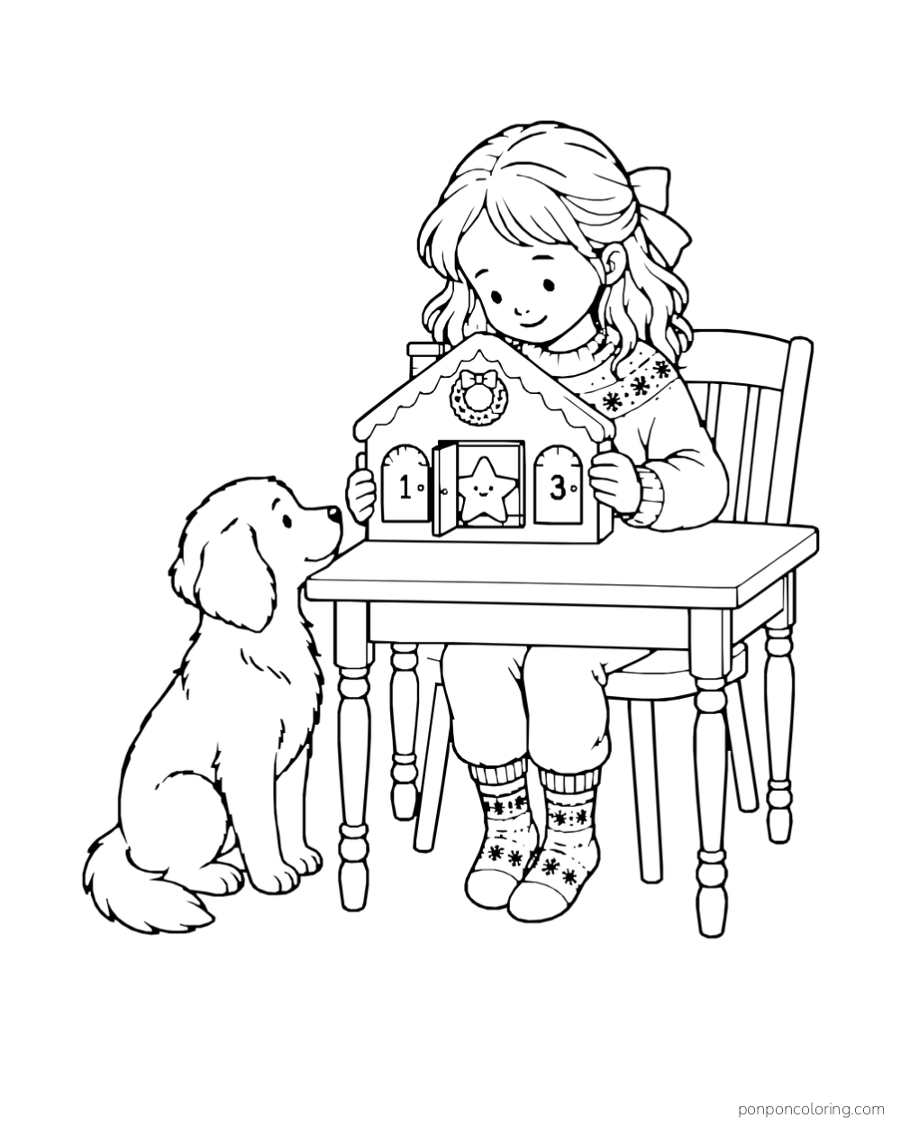 A child opens a small house-shaped advent calendar at a table while a dog watches.
