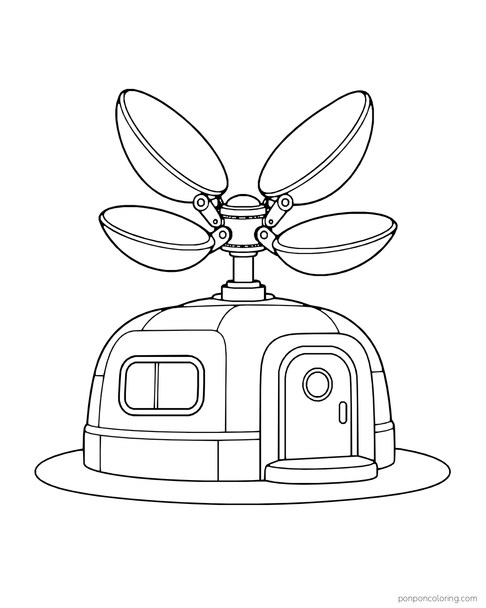 Four broad antenna panels open above a small round communications hut.