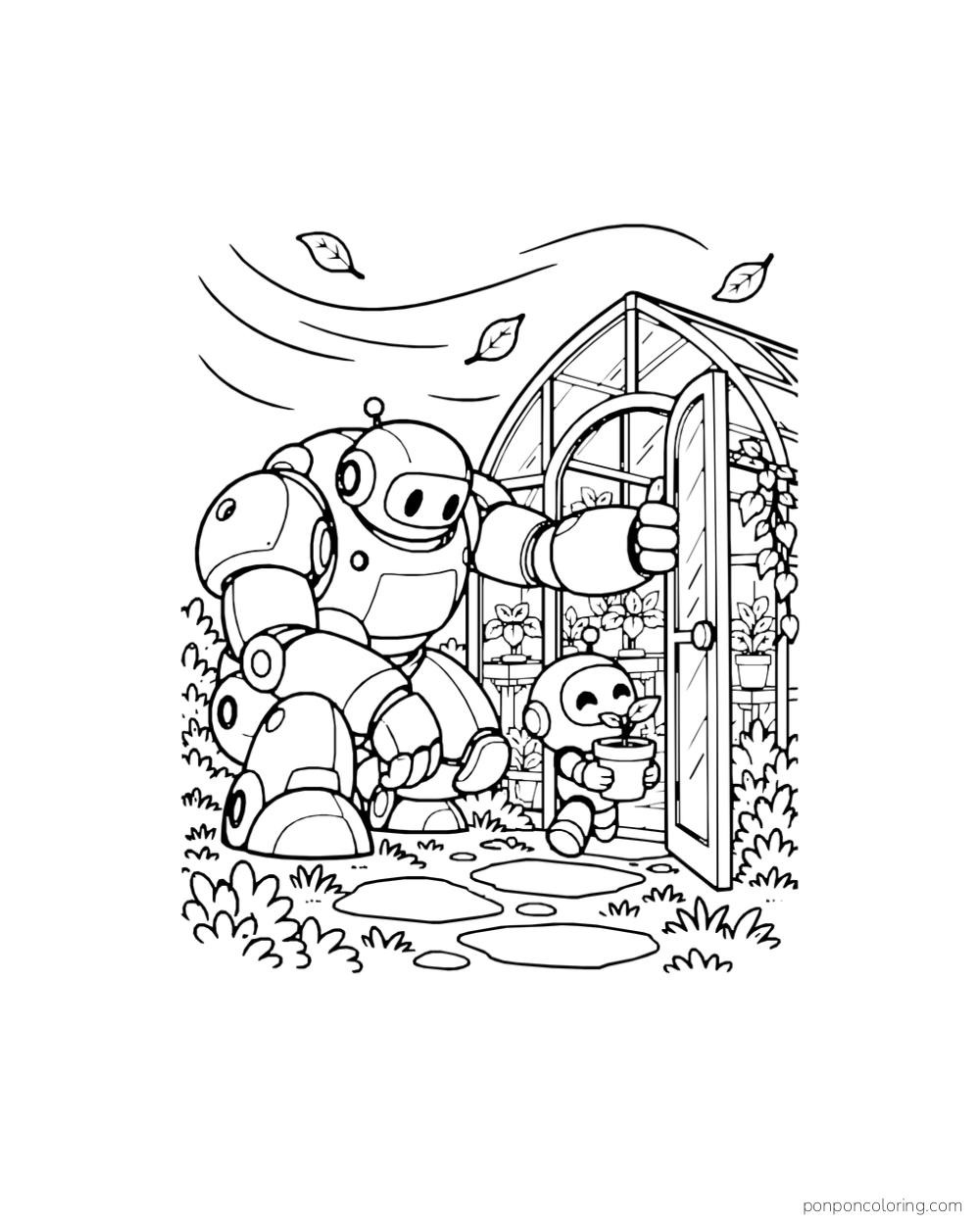 A large robot opens a greenhouse door while a smaller robot carries a seedling.
