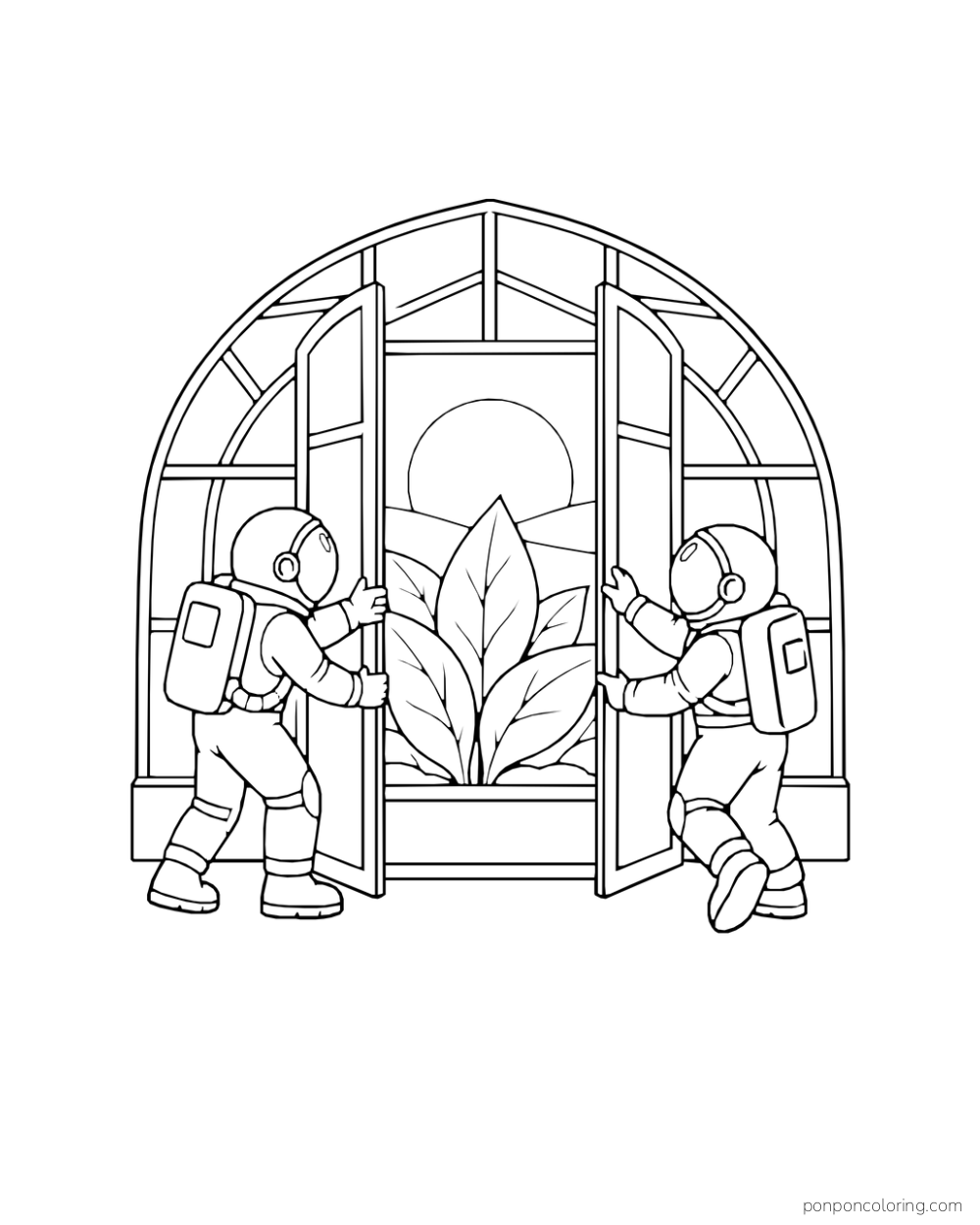 Two astronauts open tall doors around a leafy greenhouse plant.