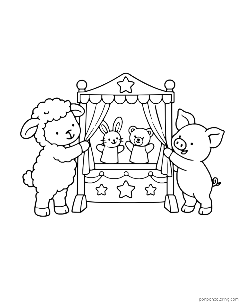 A sheep and pig pull back curtains to reveal rabbit and bear puppets.