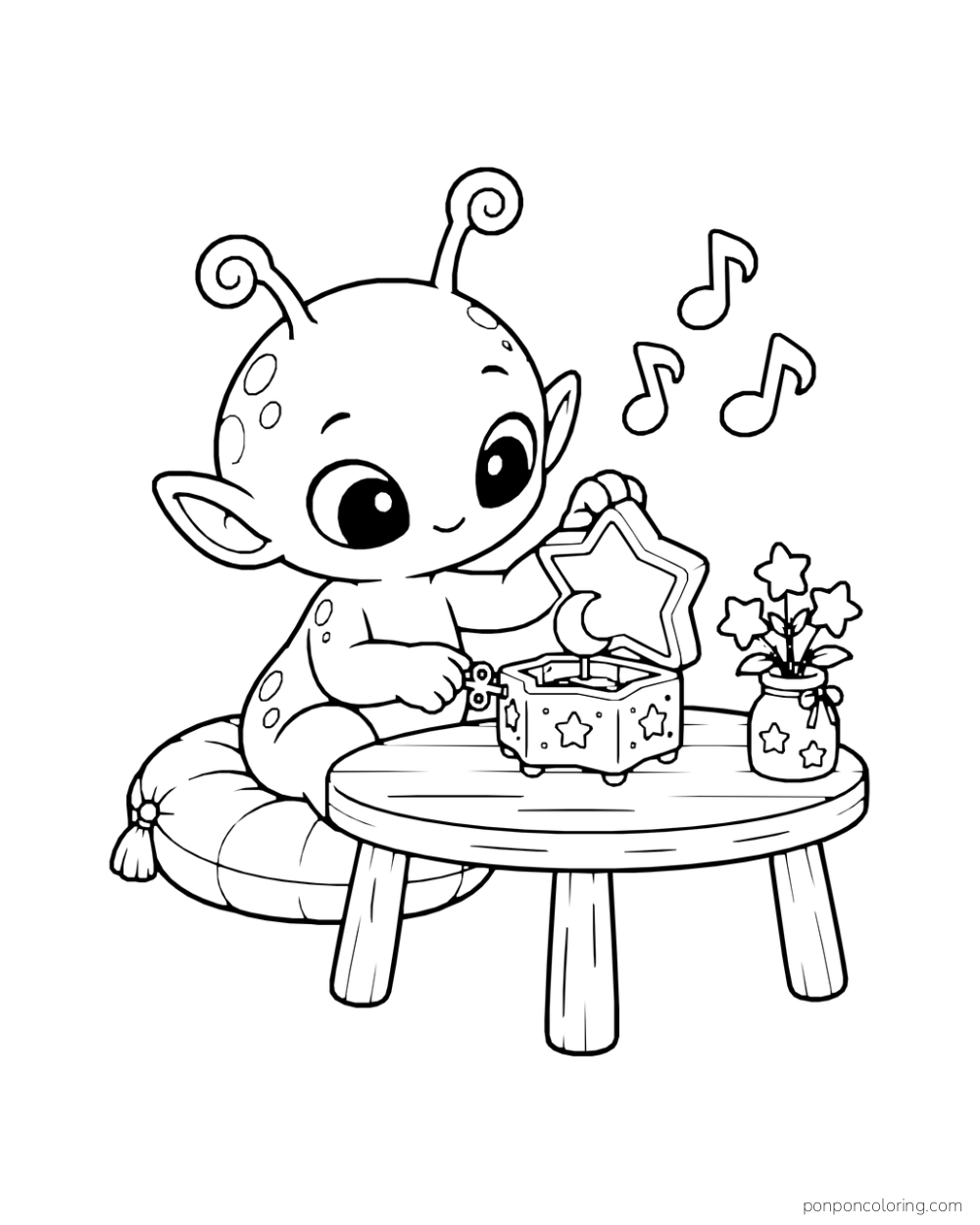 An alien opens a star-shaped music box at a low table while music notes float nearby.