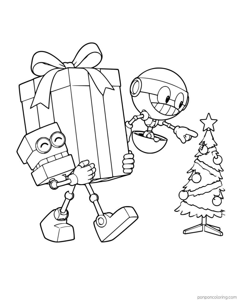Orbot hovering beside Cubot carrying a large wrapped present.