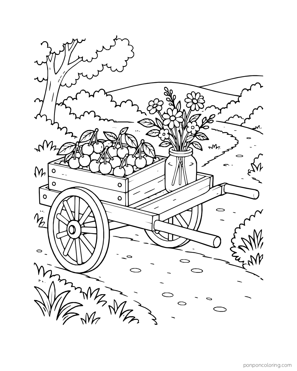 A low wooden handcart carries a crate of cherries and a jar of wildflowers.