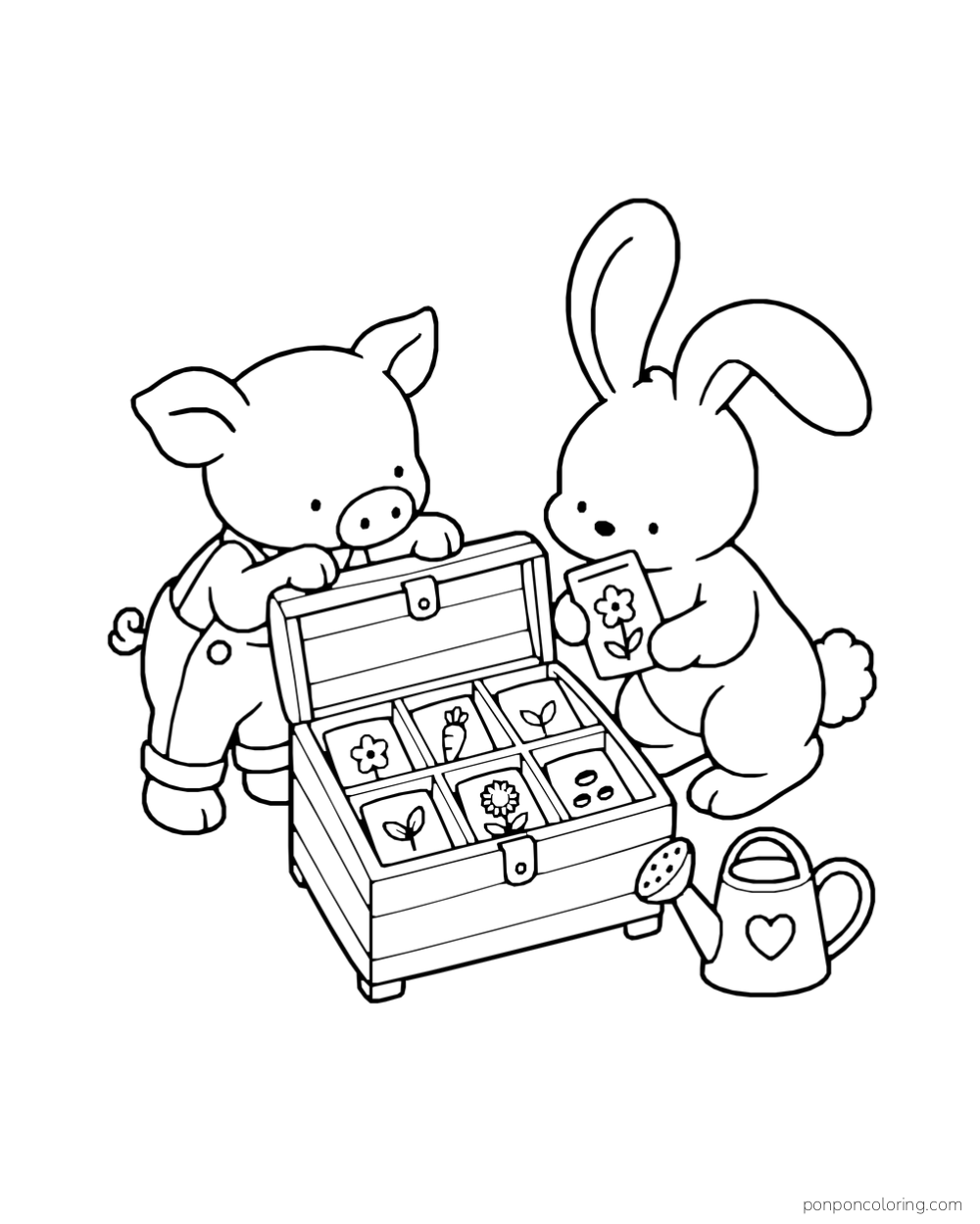 A pig and rabbit sort illustrated seed packets into a wooden box.