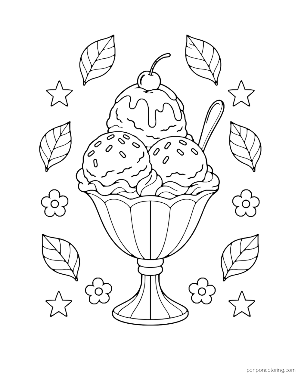 A three-scoop sundae in a fluted pedestal dish is surrounded by separate leaves, stars, and flowers.