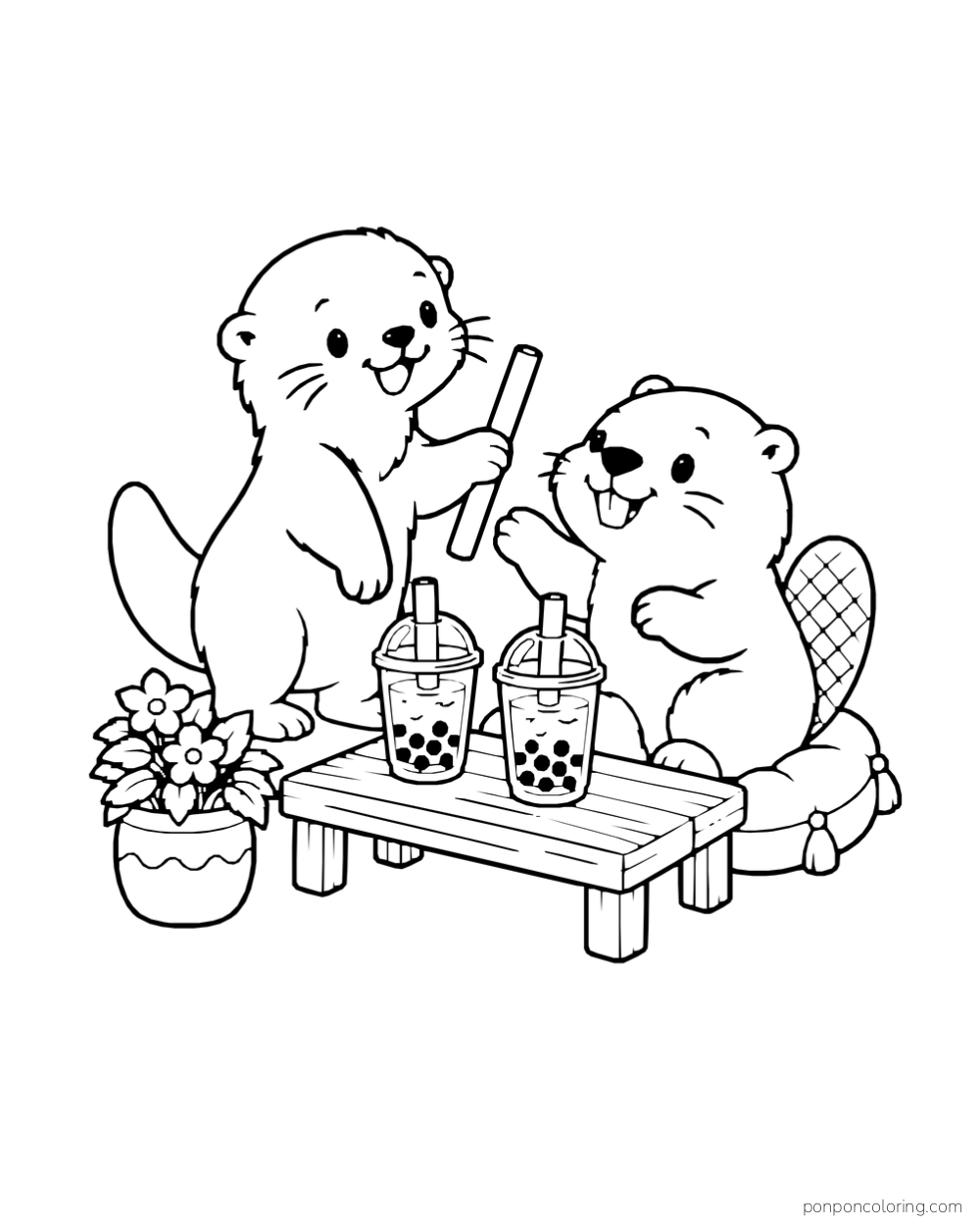 An otter holds a wide straw beside a beaver at a low table with two boba cups.
