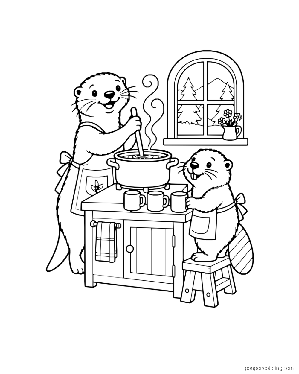 An otter stirs a cocoa pot while a beaver lines up mugs at a small window-side counter.