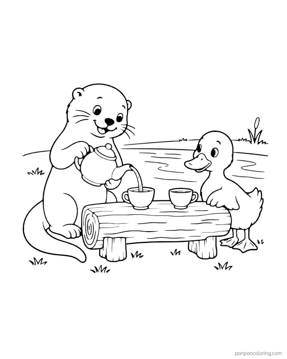 Otter pours tea for a duckling at a low riverside table made from a log.