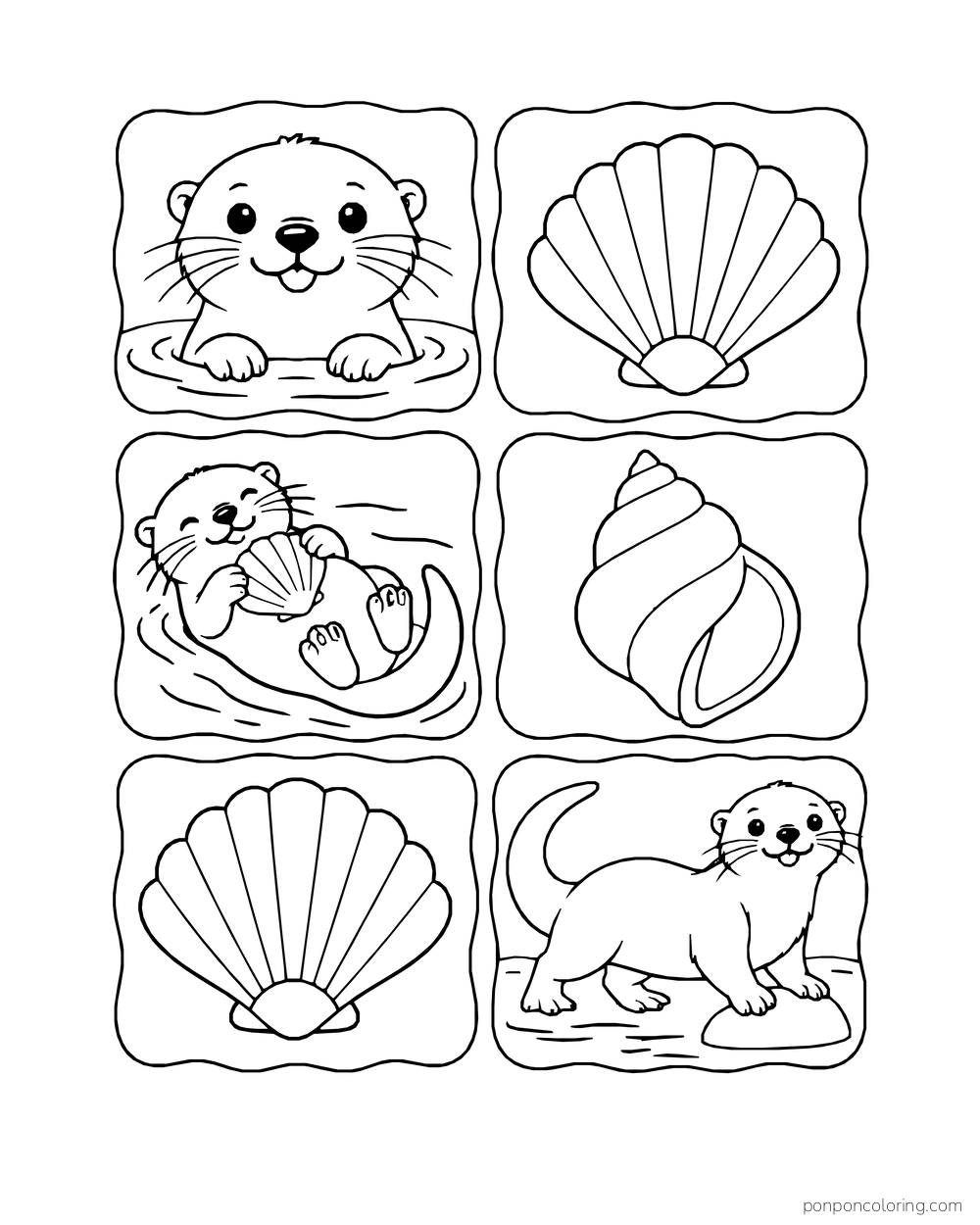 Six decorative tiles showing otter poses and seashell shapes.