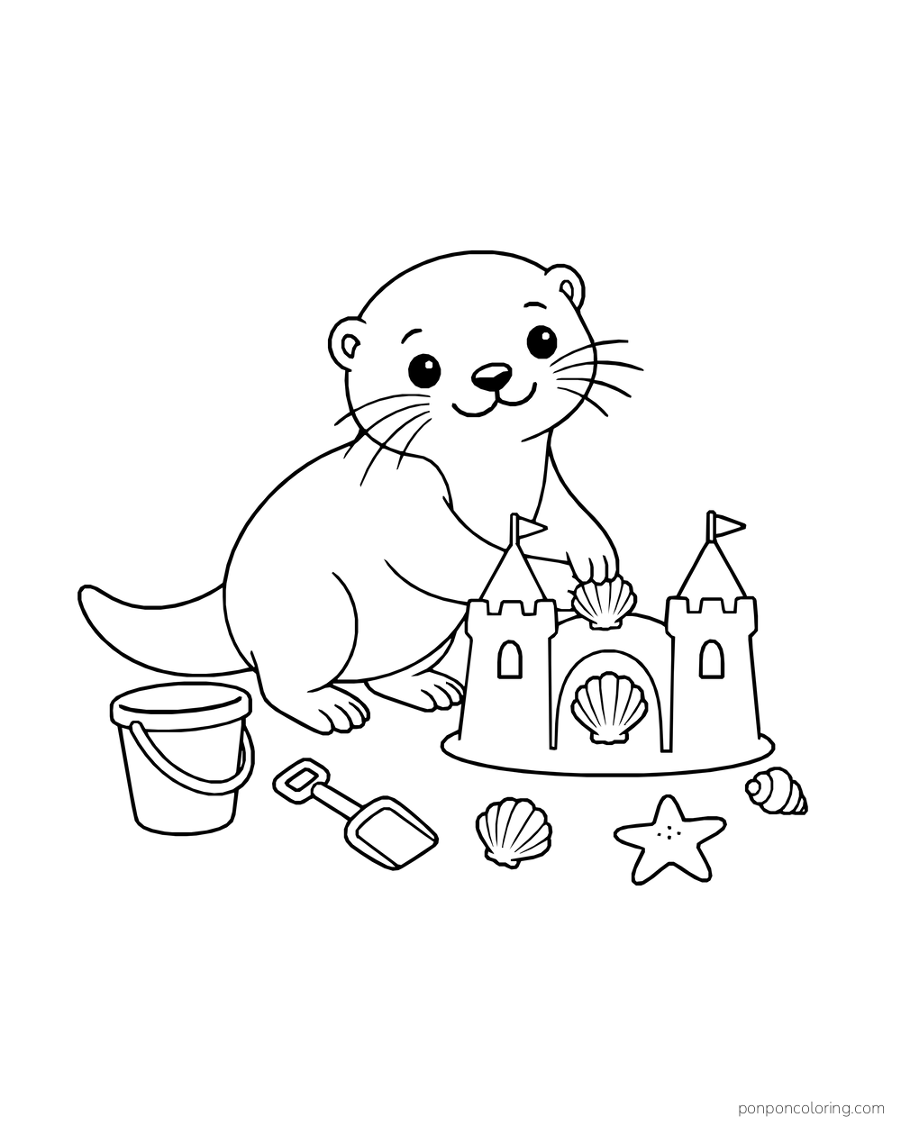 Otter adding a shell to a two-towered sandcastle beside a bucket, spade, and shells.