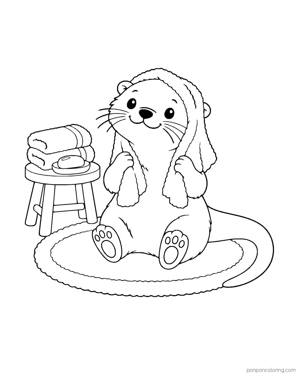 Otter holding a towel around its head while sitting on a bath mat beside folded towels and soap.
