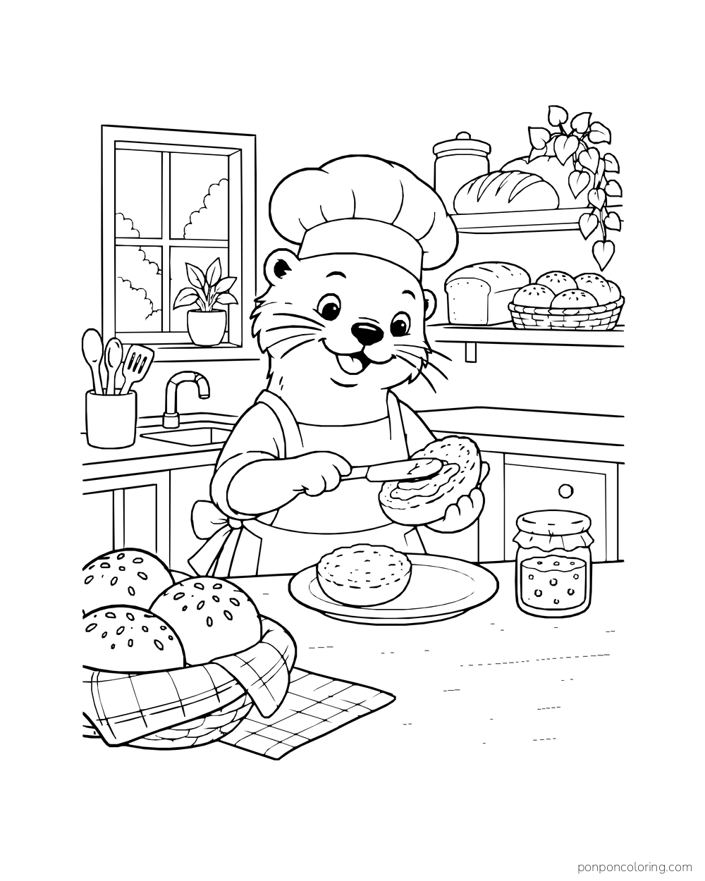 An otter baker spreads jam inside a split bun beside a jar and basket of rolls.